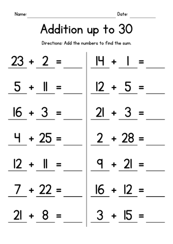 Addition up to 30 Worksheets