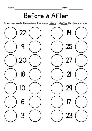 Before & After (Numbers 1-30) Worksheets