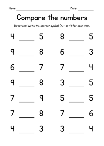 Comparing Single Digit Numbers Worksheets