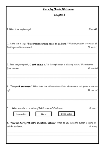 ONCE by Morris Gleitzman Chapter 1 Reading Comprehension YEAR 6