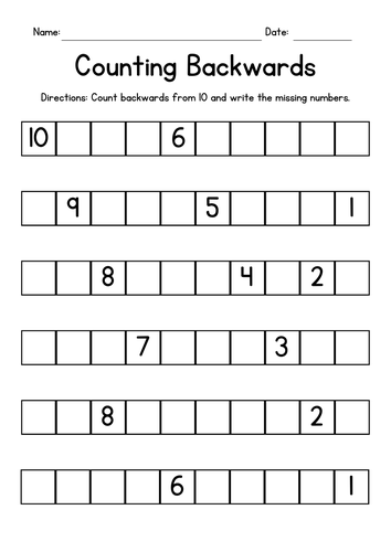 Counting Backwards from 10 Worksheets