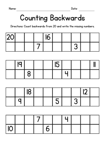 Counting Backwards from 20 Worksheets