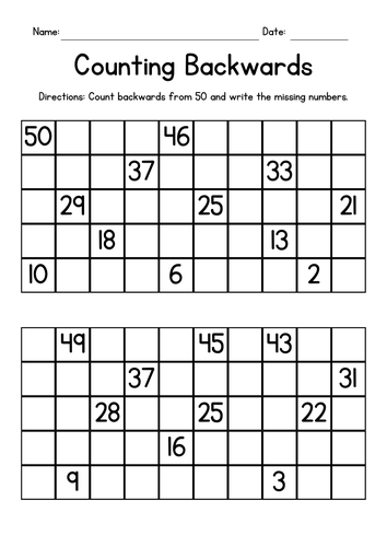 Counting Backwards from 50 Worksheets