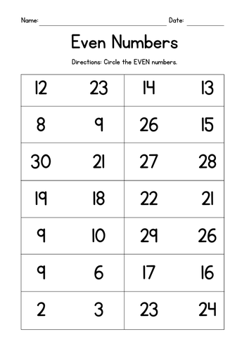 Even Numbers Worksheets