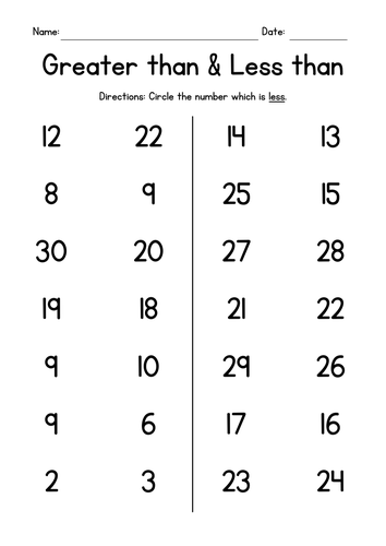 Greater than & Less than (numbers 1-30)