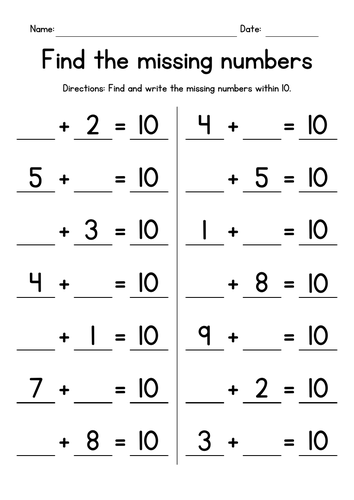 Missing Numbers - Addition up to 10 | Teaching Resources