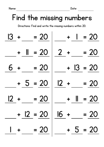 Missing Numbers - Addition up to 20