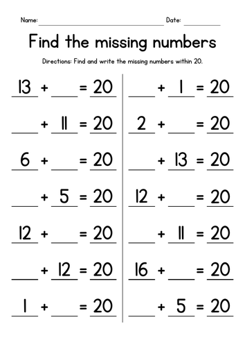 Missing Numbers - Addition up to 20 | Teaching Resources