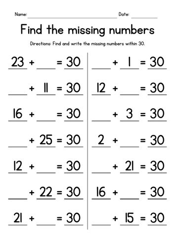 Missing Numbers - Addition up to 30