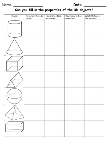 PROPERTIES OF 3D OBJECTS | FACES, EDGES AND VERTICES | WORKSHEET