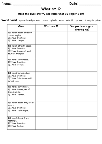 PROPERTIES OF 3D OBJECTS | FACES, EDGES AND VERTICES | WHAT AM I? | WORKSHEET