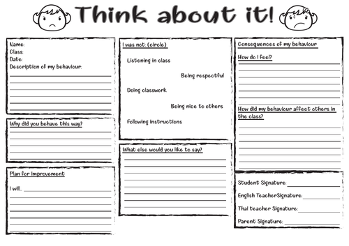 "THINK ABOUT IT" | Behaviour Reflection Sheet