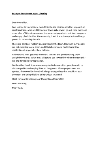 Sample Text: Persuasive Letter about Littering