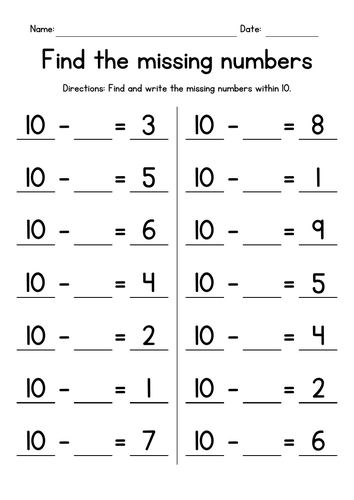 Missing Numbers - Subtracting from 10
