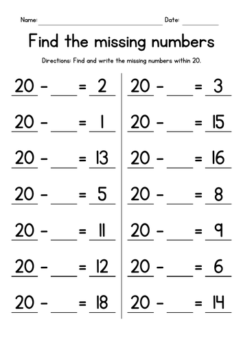 Missing Numbers - Subtracting from 20