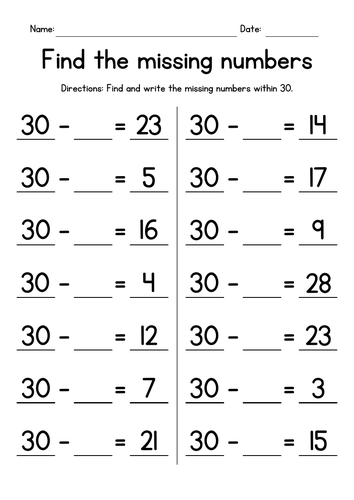 Missing Numbers Subtracting From 30 Teaching Resources