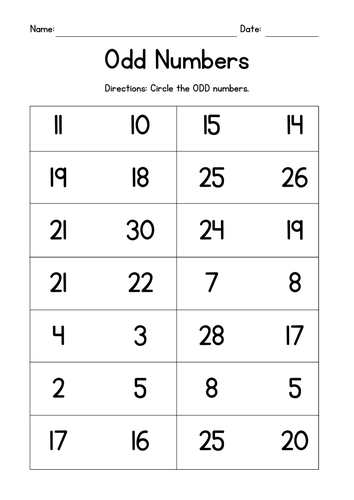 Odd Numbers Worksheets