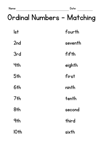 Ordinal Numbers - Matching Worksheets