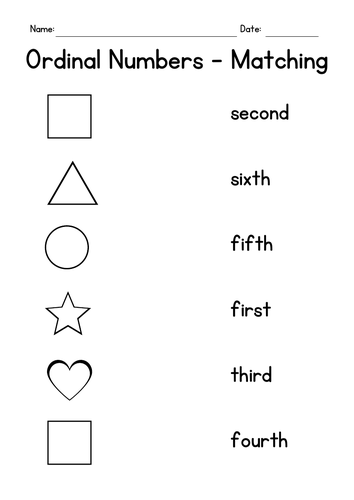 Ordinal Numbers - Matching Shapes Worksheets