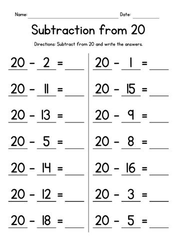 Subtracting from 20 Worksheets