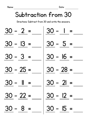 Subtracting from 30 Worksheets
