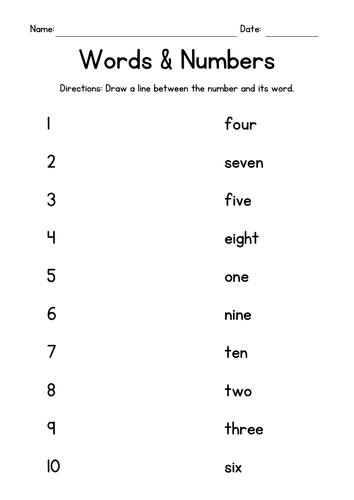 Words & Numbers - Matching Worksheets
