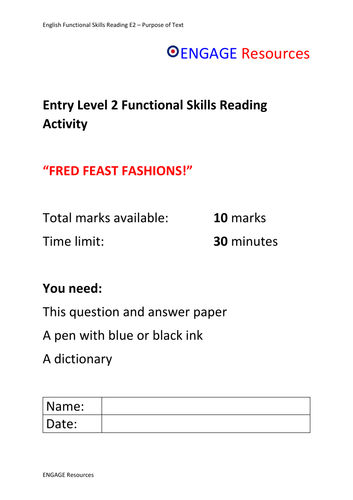 Functional Skills Purpose of Text E2/E3  Fred's Fashions Advert
