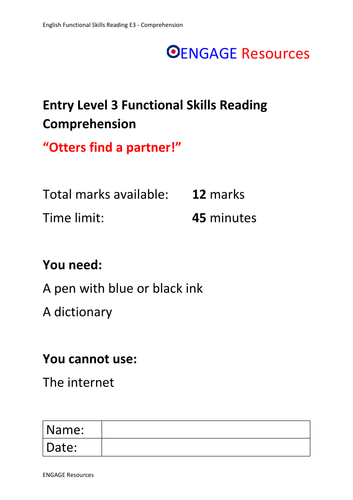 Functional Skills E3 Otter Love Reading  Comprehension