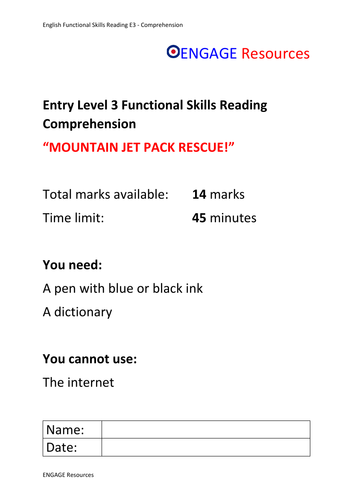 Functional Skills E3 Jet-Pack Rescue Reading Comprehension