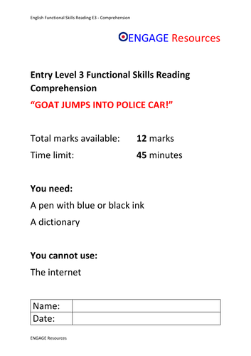 Functional Skills E3 Goat Attack Reading Comprehension