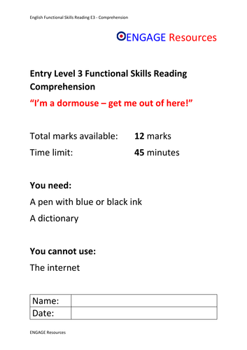 Functional Skills E3 Greedy Dormouse Reading Comprehension
