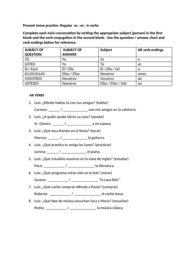 Present tense regular verbs worksheet mini conversations