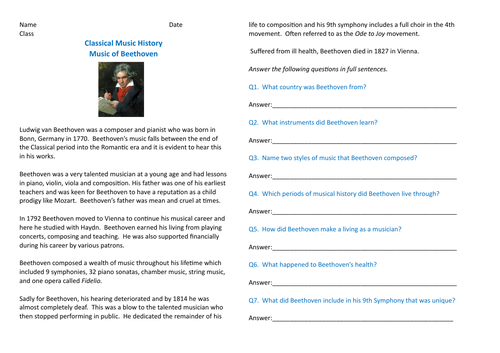 Classical music worksheet - comparing two pieces by Beethoven.