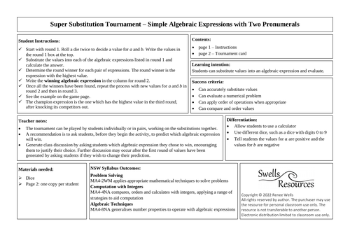 Substitution activity Simple Algebra