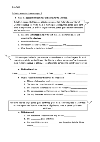 La nourriture narrow reading worksheet