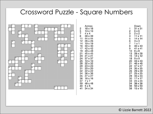 Maths Crossword Style Puzzle - Square Numbers