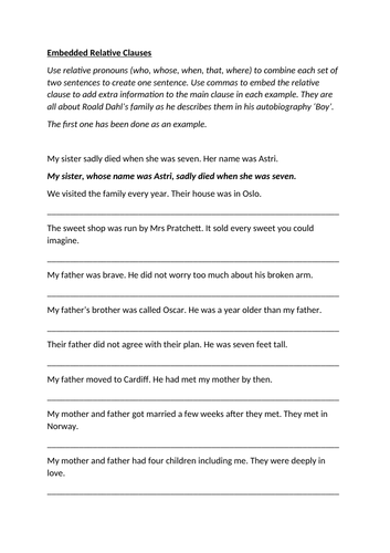 Create Sentences with EMBEDDED RELATIVE CLAUSES about Roald Dahl's Family