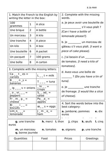 Faire des courses vocabulary worksheet