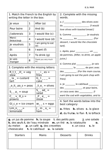 Ordering food - vocab worksheet