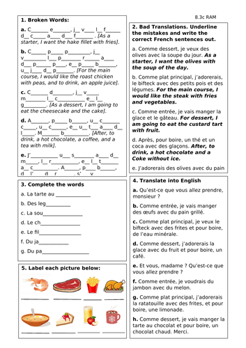 Ordering food - reading worksheets