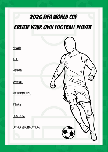 2026 World Cup Football Create Your Own Football Player A4 Worksheet X3 Designs
