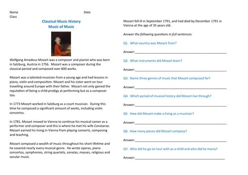 Classical music worksheet KS3 - comparing two pieces by Mozart