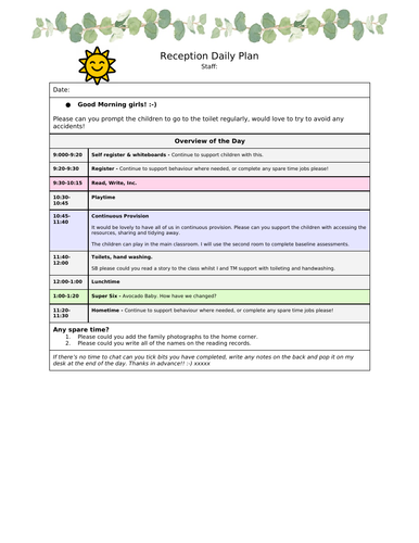 EYFS (Reception) Daily plan for TA