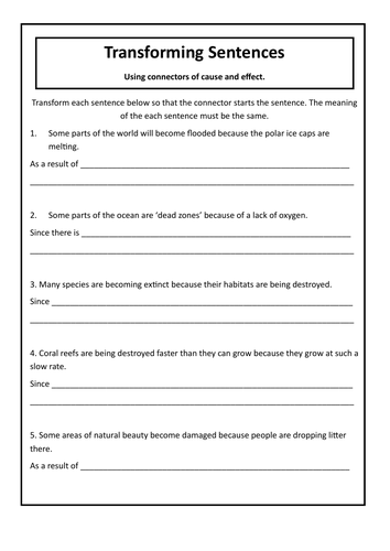 Transforming Sentences Using CONNECTIVES of CAUSE and EFFECT | Teaching ...