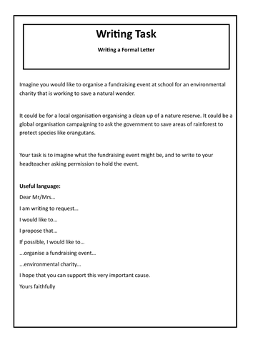WRITING Task: FORMAL LETTER (Environmental Charity Theme)