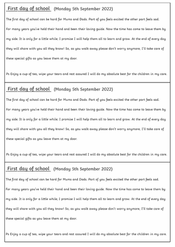 First day poem for parents