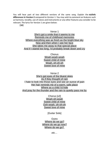 Eduqas A-level Music Rock & Pop Comparison Sample Question: "Sweet Child O Mine"