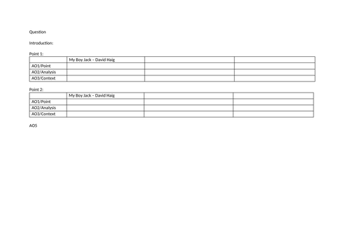 A Level English Literature Essay Planning Template for Paper 2 WW1 Comparison