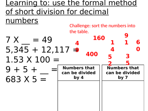 Y6 Maths: formal written method of short division for decimal numbers