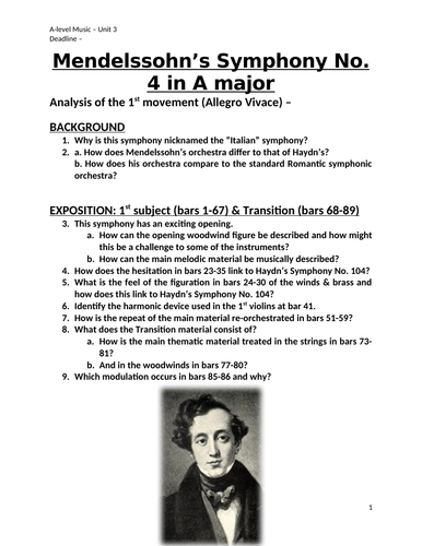 Mendelssohn's Symphony No. 4 Analysis Questions (Movements 1-4)